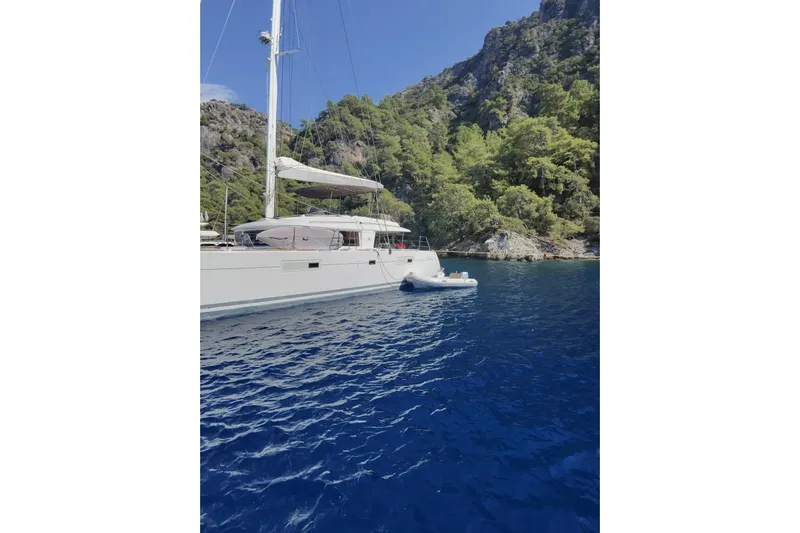  Yacht Photos Pics 2015 Lagoon 560 S2 yacht anchored in clear blue water near a forested coastline.