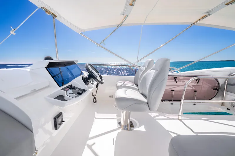 Chill Yacht Photos Pics Luxurious 2018 Princess F49 yacht helm with ocean view and modern controls.