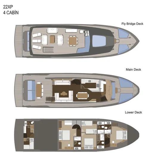 Numarine 22xp Hull #7 Yacht Photos Pics 2025 Numarine 22XP yacht layout with fly bridge, main, and lower decks, featuring four cabins.