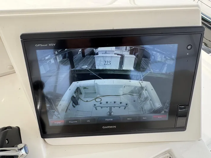  Yacht Photos Pics Garmin GPS screen on 1999 Cabo 45 Express boat, displaying rear view.