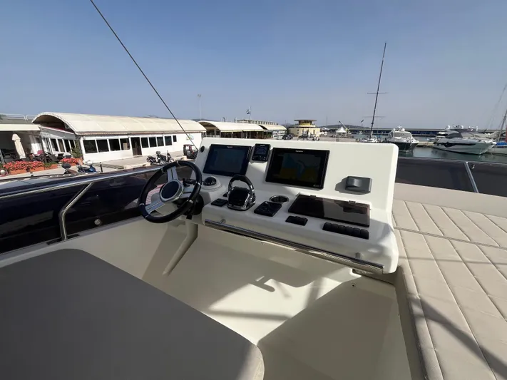  Yacht Photos Pics Helm of 2018 Prestige 520 yacht with navigation screens and controls at marina.