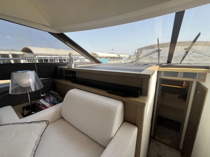  Yacht Photos Pics Interior of a 2018 Prestige 520 yacht with modern seating and large windows.