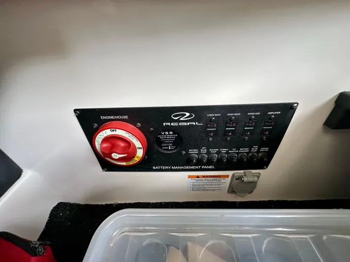  Yacht Photos Pics Battery management panel of 2023 Regal 2800 Bowrider boat with switches and controls.