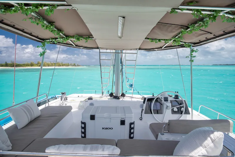 Bella Yacht Photos Pics Luxurious Bali 4.8 catamaran interior with turquoise sea view, 2021 model.