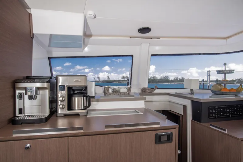 Bella Yacht Photos Pics Modern kitchen interior on 2021 Bali 4.8 yacht with ocean view.