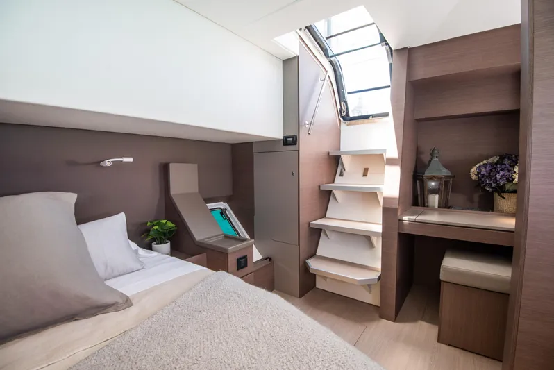 Bella Yacht Photos Pics Luxurious cabin interior of 2021 Bali 4.8 yacht with modern design and natural light.