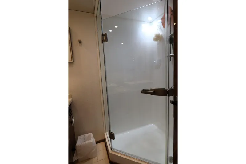 Stress Release Yacht Photos Pics Shower area inside 2017 Viking 80 Enclosed Bridge yacht, featuring glass door and modern fixtures.