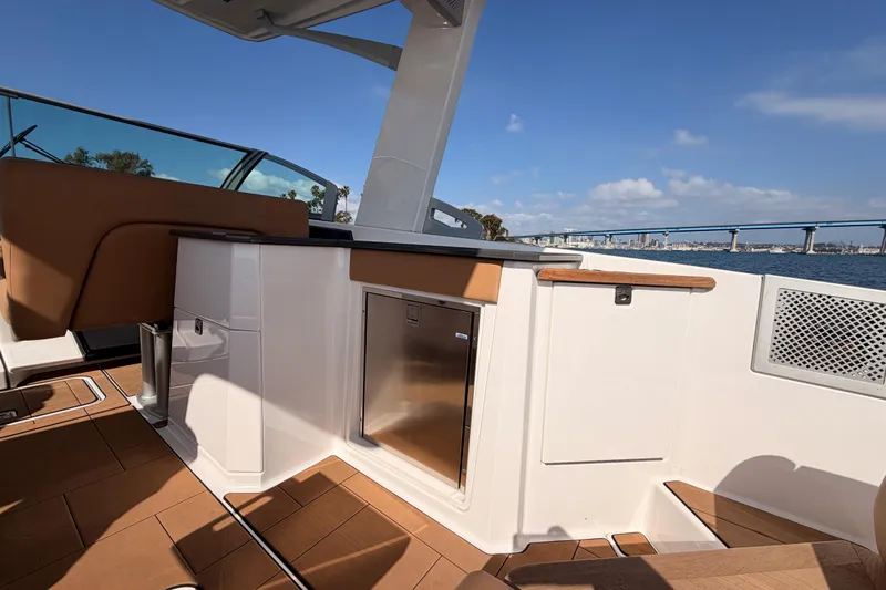 Wonder Why Yacht Photos Pics 2022 Aviara AV32 I/O boat interior with sleek design and ocean view.