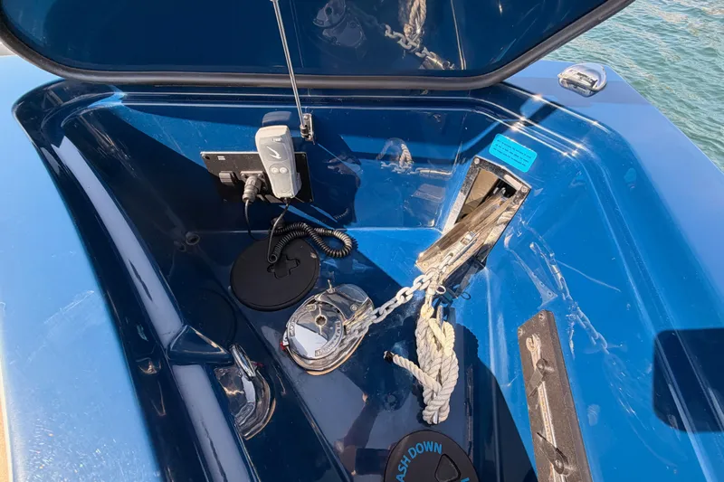Wonder Why Yacht Photos Pics Anchor compartment of 2022 Aviara AV32 I/O boat with chain and rope.