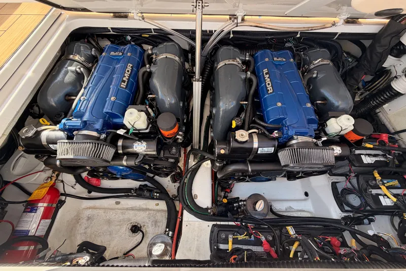 Wonder Why Yacht Photos Pics Engine compartment of 2022 Aviara AV32 I/O with dual Ilmor engines.