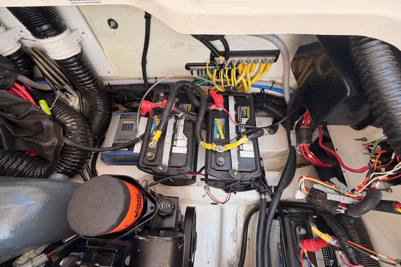Wonder Why Yacht Photos Pics 2022 Aviara AV32 I/O engine compartment with batteries and wiring.