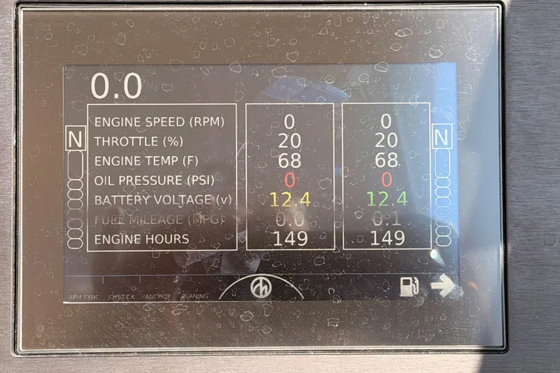 Wonder Why Yacht Photos Pics Display panel of 2022 Aviara AV32 I/O showing engine metrics and performance data.