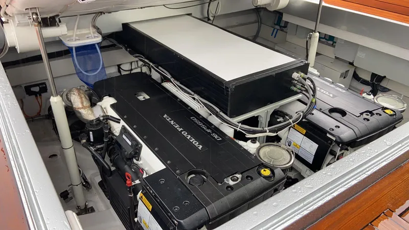  Yacht Photos Pics Engine compartment of 2019 Wally Tender 48 with Volvo Penta engines.