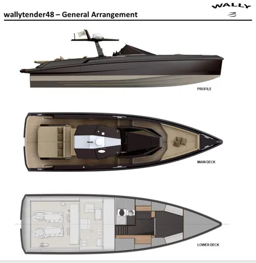  Yacht Photos Pics 2019 Wally WALLY TENDER 48 yacht layout with profile, main, and lower deck views.