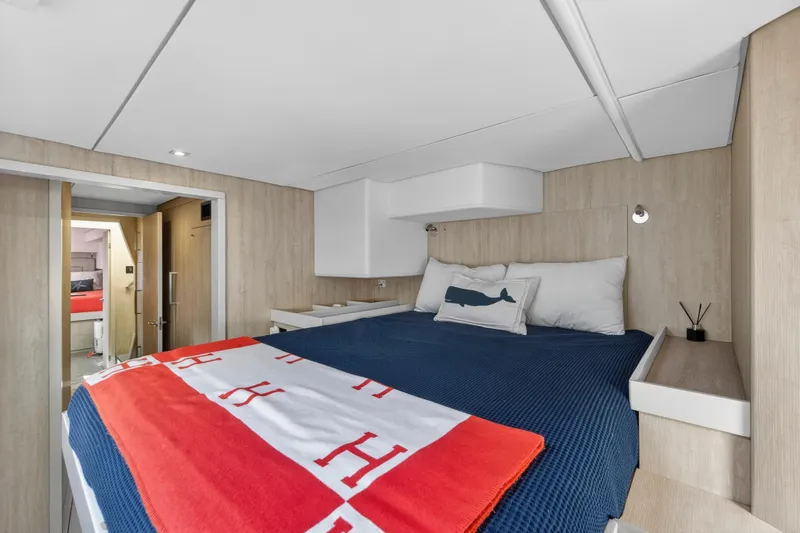  Yacht Photos Pics Luxurious bedroom interior of 2019 Leopard 58 yacht with modern decor and cozy bedding.