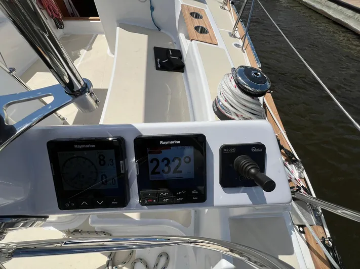 395 Yacht Photos Pics Cockpit of 2025 Tartan 395 sailboat with navigation instruments and winch.