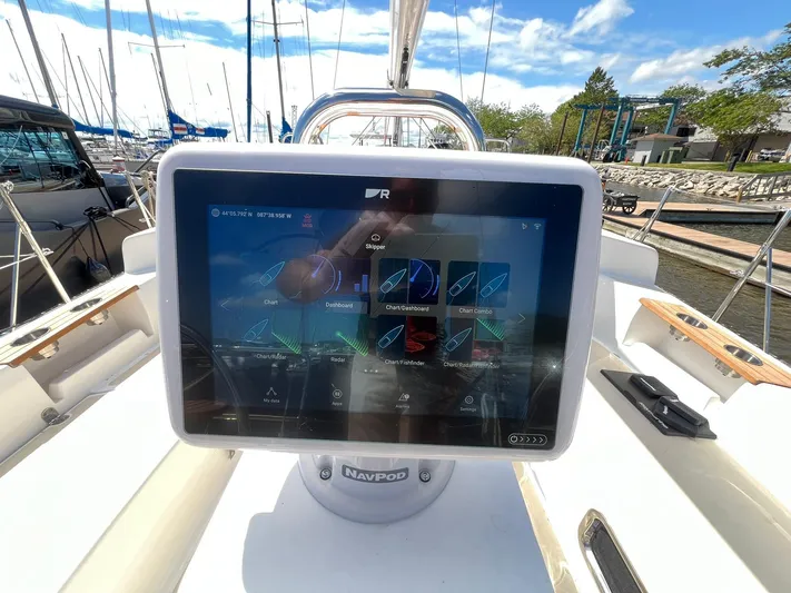 395 Yacht Photos Pics Touchscreen navigation system on 2025 Tartan 395 yacht, docked at marina.