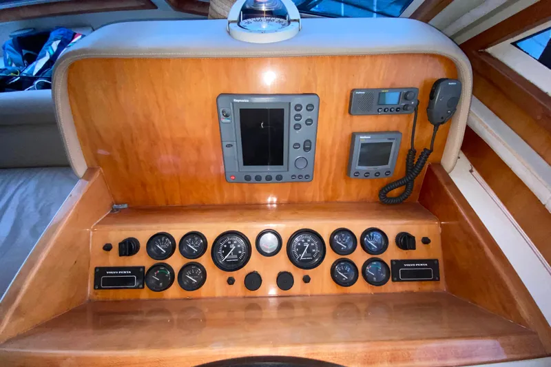 It's About Time Yacht Photos Pics 2001 Californian 39 boat dashboard with navigation instruments and gauges.