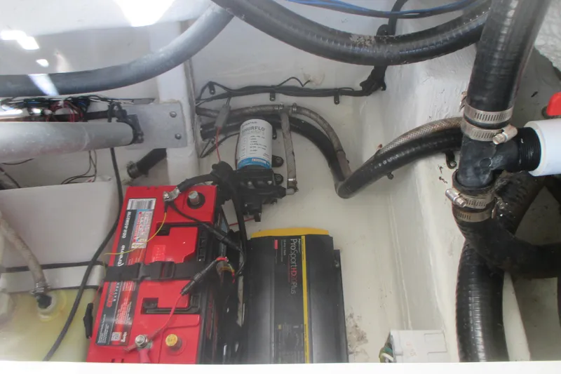  Yacht Photos Pics 2019 Sailfish 325 DC boat engine compartment with battery and wiring.
