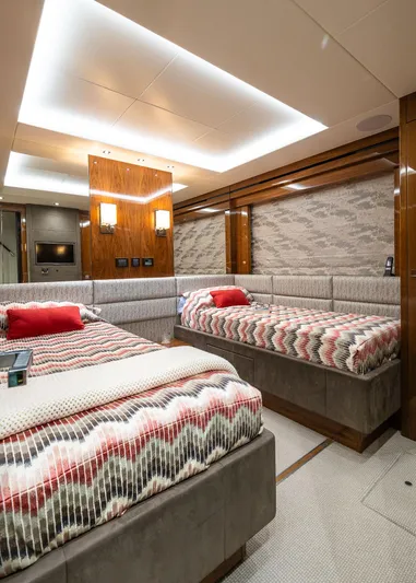 Seawater Yacht Photos Pics Luxurious twin bedroom on 2019 Sunseeker 86 Yacht with modern decor and ambient lighting.