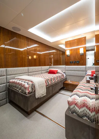 Seawater Yacht Photos Pics Luxurious 2019 Sunseeker 86 Yacht bedroom with modern decor and ambient lighting.