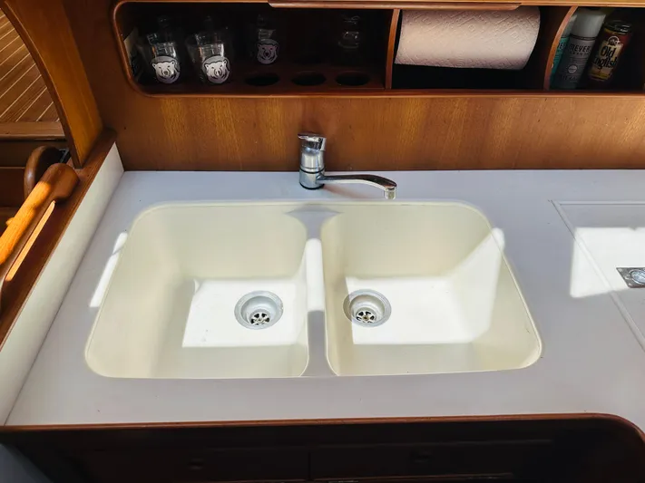 Sora Yacht Photos Pics Double sink in 1998 Grand Banks 49 Classic yacht kitchen.