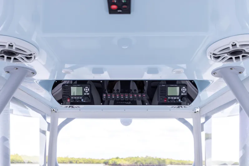  Yacht Photos Pics Control panel of a 2019 Freeman 42 LR boat with electronic displays.