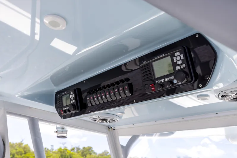  Yacht Photos Pics Control panel of a 2019 Freeman 42 LR boat with electronic displays.
