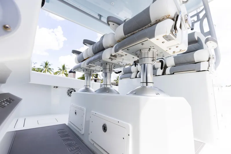  Yacht Photos Pics 2019 Freeman 42 LR boat interior with cushioned seating and storage compartments.