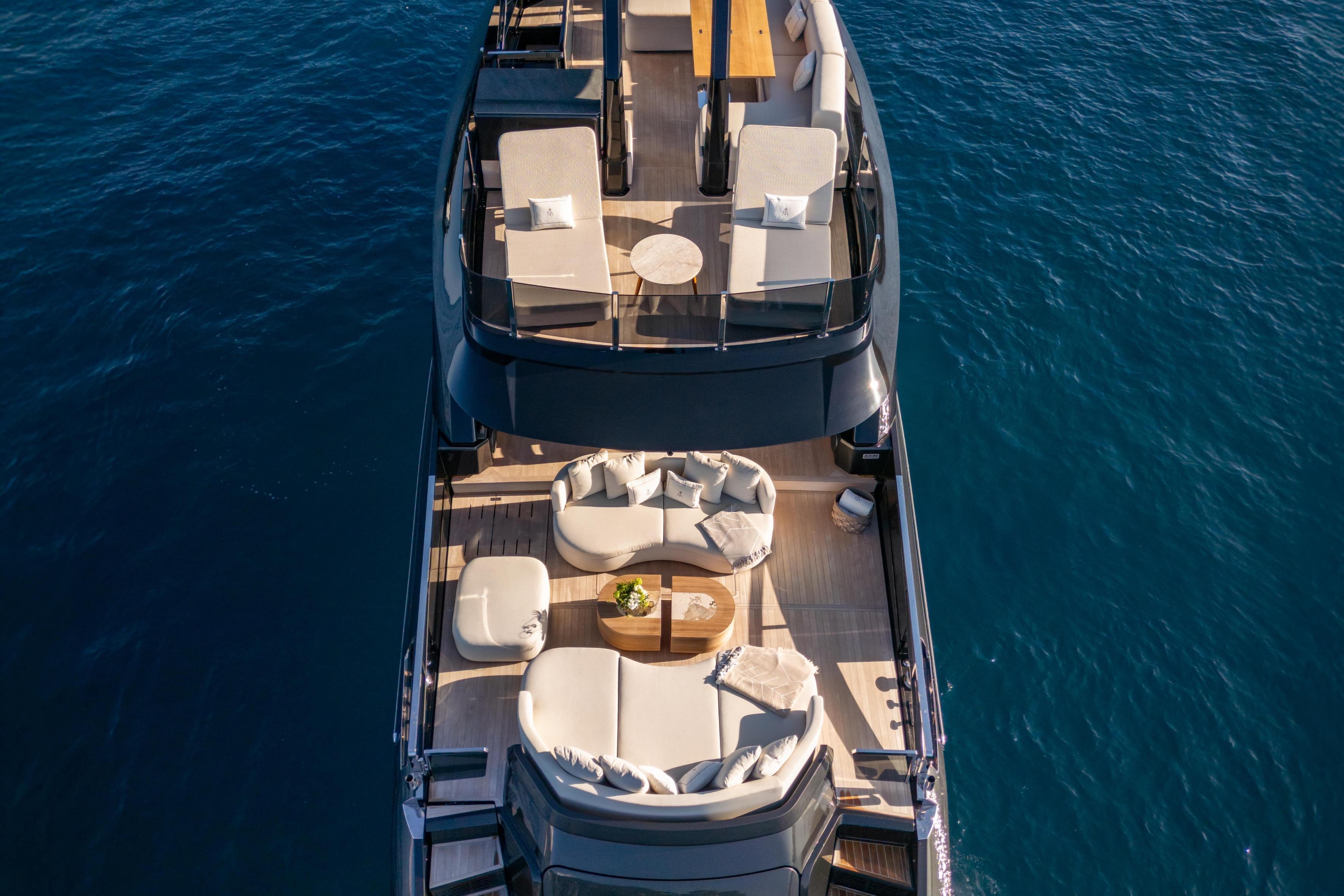 Aerial view of 2025 Explorer Explorer 62 yacht with luxurious deck seating.