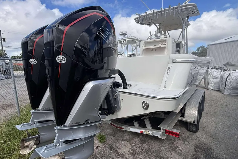  Yacht Photos Pics 2013 Andros Offshore 32 boat with dual outboard engines on a trailer.