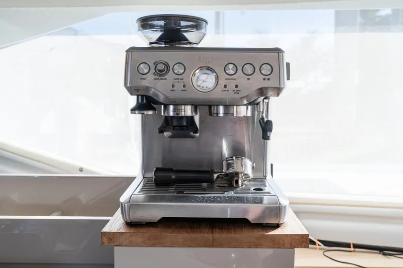 Grand Crew Yacht Photos Pics Espresso machine on Fountaine Pajot 47 yacht, 2019 model, with modern stainless steel design.