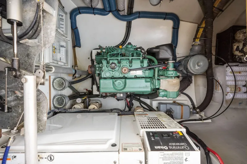 Grand Crew Yacht Photos Pics Engine room of 2019 Fountaine Pajot 47 catamaran with Cummins Onan generator.