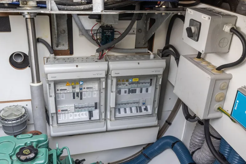 Grand Crew Yacht Photos Pics Electrical panel and wiring inside a 2019 Fountaine Pajot 47 catamaran.