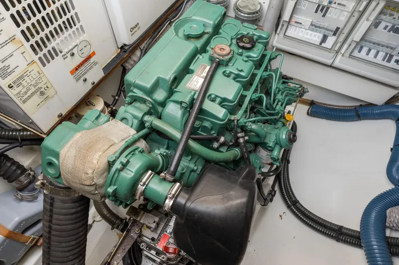 Grand Crew Yacht Photos Pics Engine room of 2019 Fountaine Pajot 47 catamaran with green marine engine.