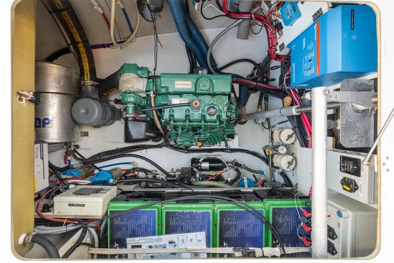 Grand Crew Yacht Photos Pics Engine room of 2019 Fountaine Pajot 47 catamaran with mechanical and electrical components.