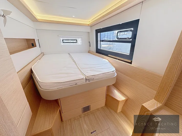 Kaija Yacht Photos Pics Luxurious cabin interior of 2022 Nautitech 46 Open catamaran with modern design and ample natural light.