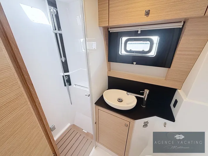 Kaija Yacht Photos Pics Modern bathroom in 2022 Nautitech 46 Open yacht with shower and sink.
