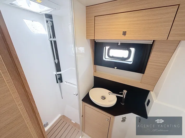 Kaija Yacht Photos Pics Modern bathroom in 2022 Nautitech 46 Open yacht with sleek fixtures and natural light.