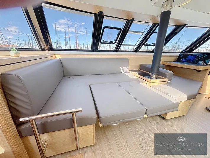 Kaija Yacht Photos Pics Luxurious interior of 2022 Nautitech 46 Open yacht with modern seating and panoramic windows.
