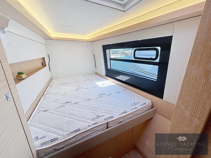 Kaija Yacht Photos Pics Luxurious cabin interior of 2022 Nautitech 46 Open catamaran with modern design and large window.