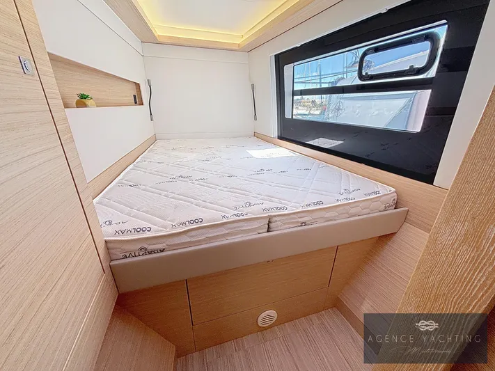 Kaija Yacht Photos Pics Modern Nautitech 46 Open 2022 yacht cabin with sleek design and large window.