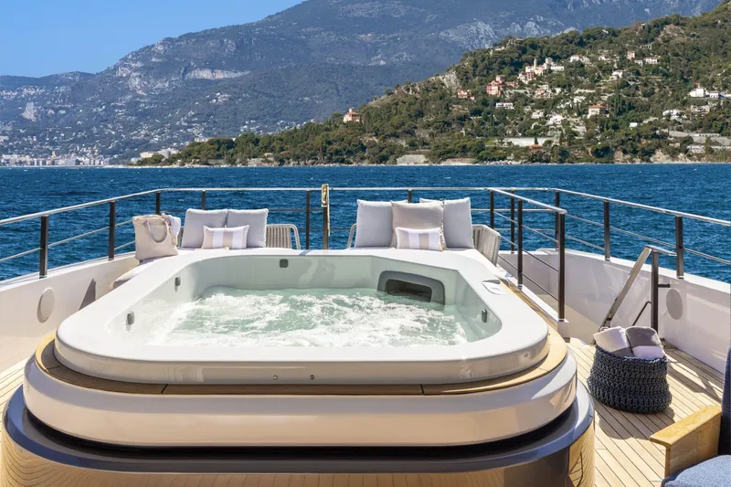  Yacht Photos Pics Luxurious 2022 Custom Line 140' yacht with jacuzzi, scenic ocean and mountain views.