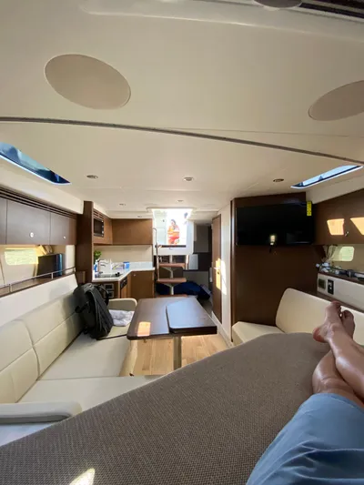 Lady Faby Yacht Photos Pics Interior of 2019 Sea Ray Sundancer 350 yacht, featuring modern design and comfortable seating.