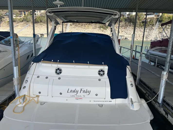 Lady Faby Yacht Photos Pics 2019 Sea Ray Sundancer 350 docked, covered, rear view.