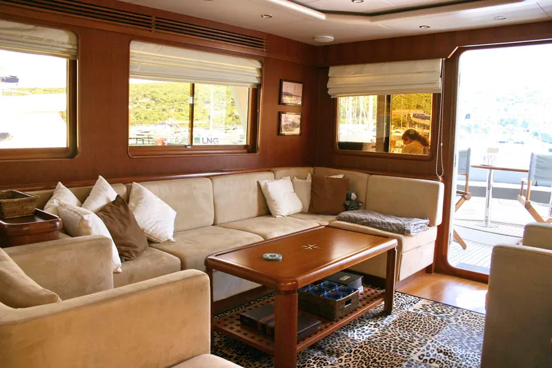  Yacht Photos Pics Luxurious interior of 2026 Selene 66 yacht with plush seating and elegant decor.