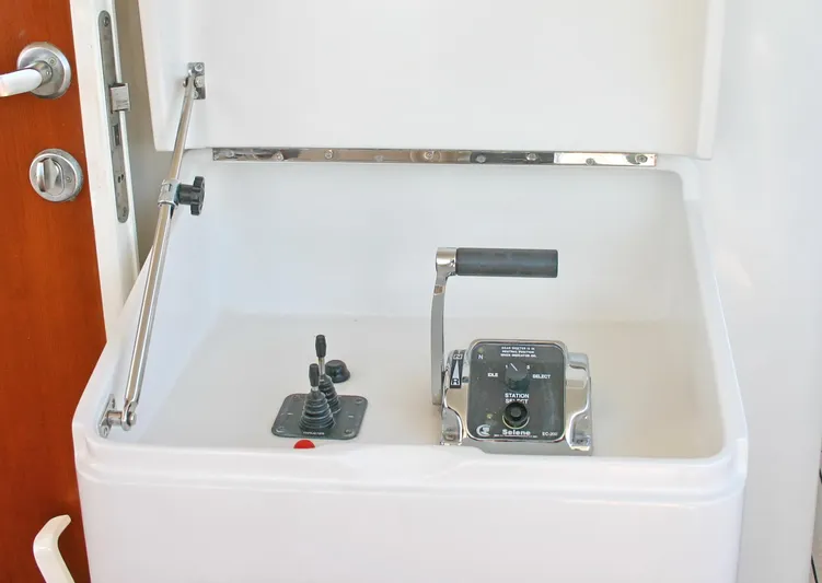 Yacht Photos Pics Control panel of Selene 66 yacht, featuring throttle and joystick, 2026 model.