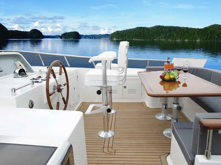 Yacht Photos Pics Luxurious Selene 66 yacht deck with dining area, scenic water view, 2026 model.