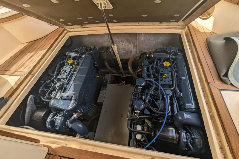  Yacht Photos Pics Engine compartment of 2001 Apreamare Smeraldo 9 yacht, showcasing dual engines.