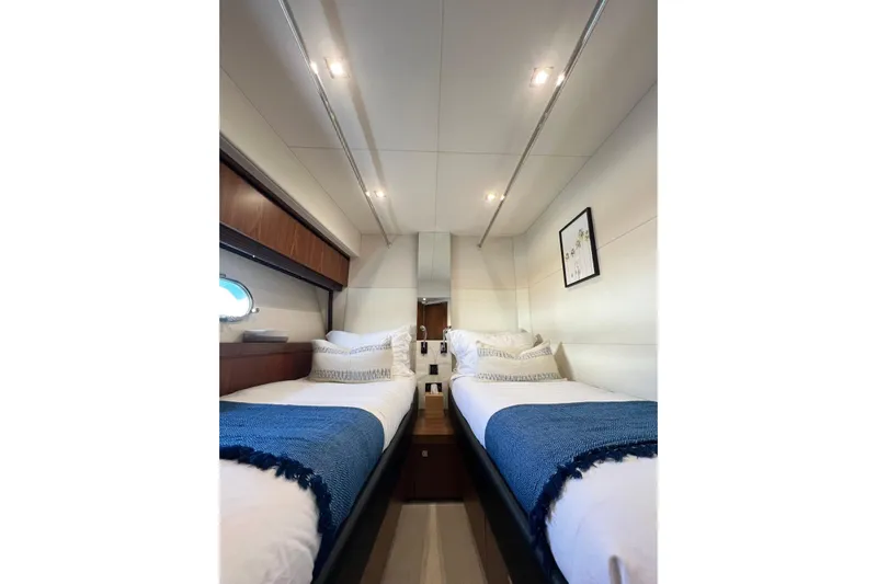 Ohana Yacht Photos Pics Luxurious twin cabin interior on 2012 Sunseeker Manhattan 73 yacht.